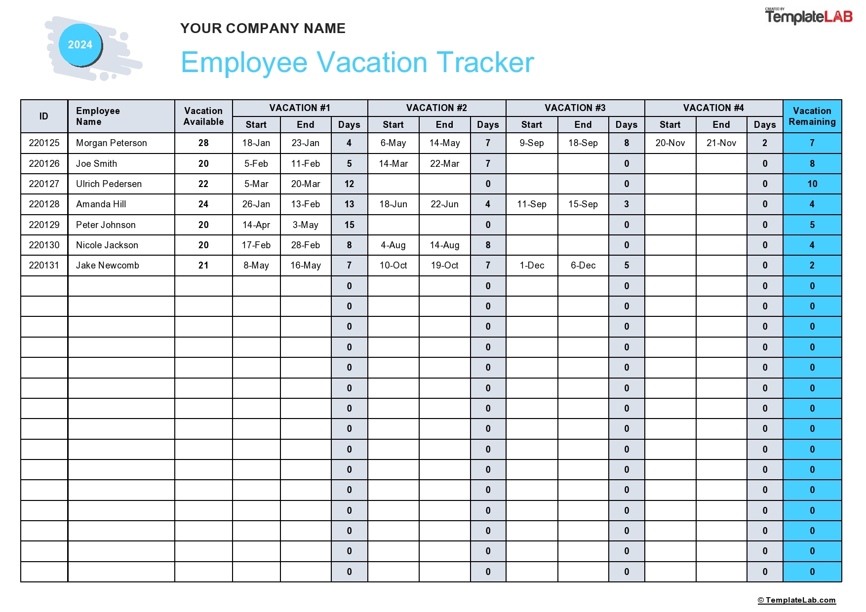 Printable Vacation Tracking Chart