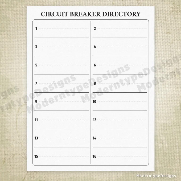 Breaker Directory Printable With 16 Circuits