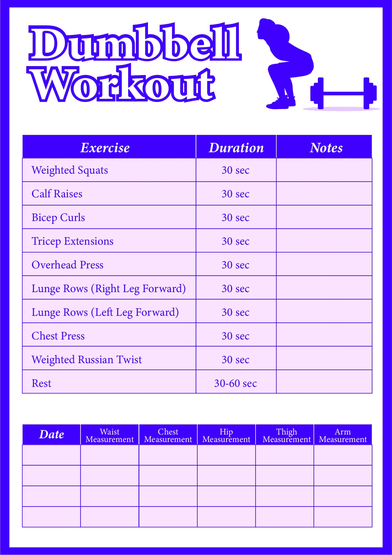 Printable Dumbbell Exercise Chart