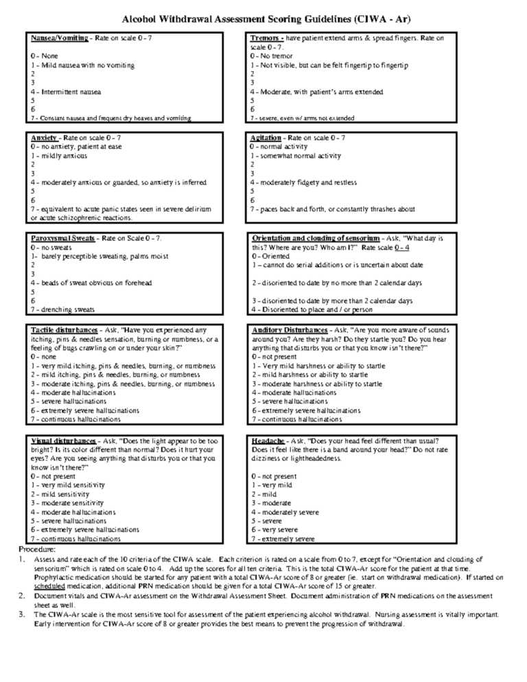 CIWA Ar Scale Guidelines For Alcohol Withdrawal Assessment Studocu