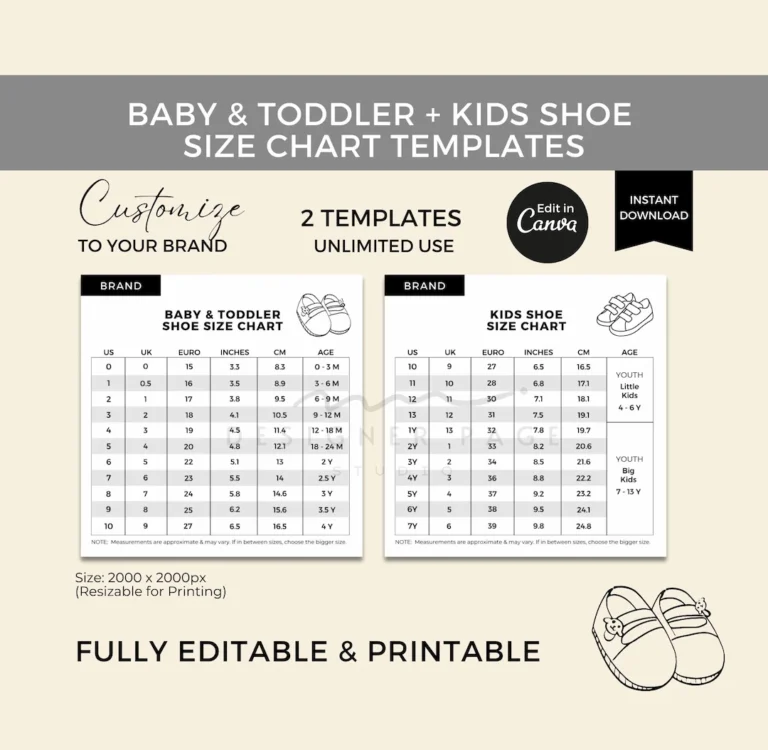 Editable Baby Toddler Shoe Size Chart Template Canva Kids Shoe Size Guide Children Shoes Measurement Guide Custom Youth Shoe Size Chart Etsy