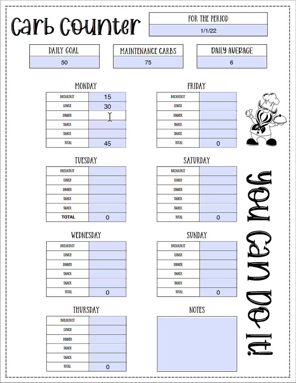 Printable Diabetes Carb Counting Chart