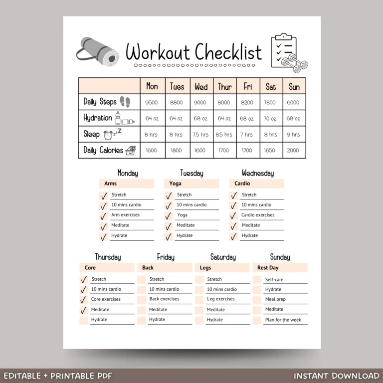 Editable Workout Checklist Printable Daily Exercise Gym Log Planner Scribbled LLC