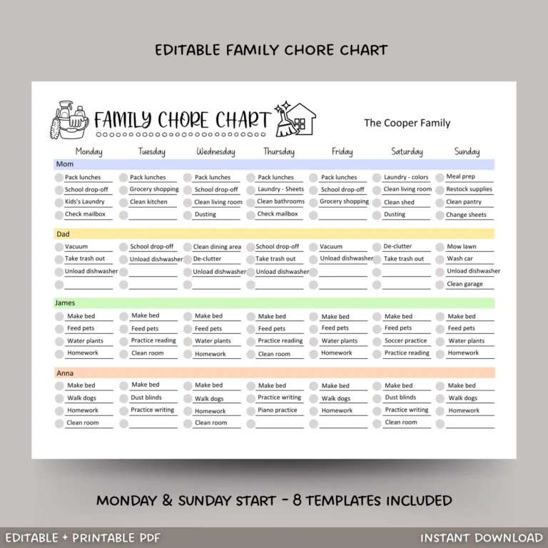 Family Chore Chart Printable Editable Weekly Household Calendar Sched Scribbled LLC