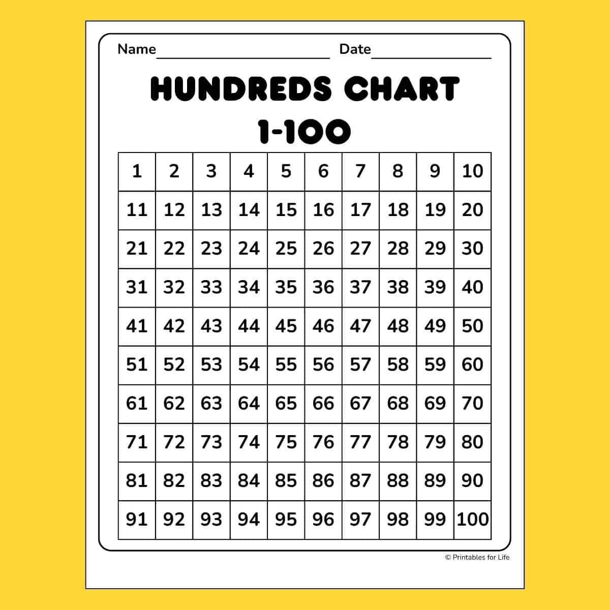 Number Chart To 100 Free Printable