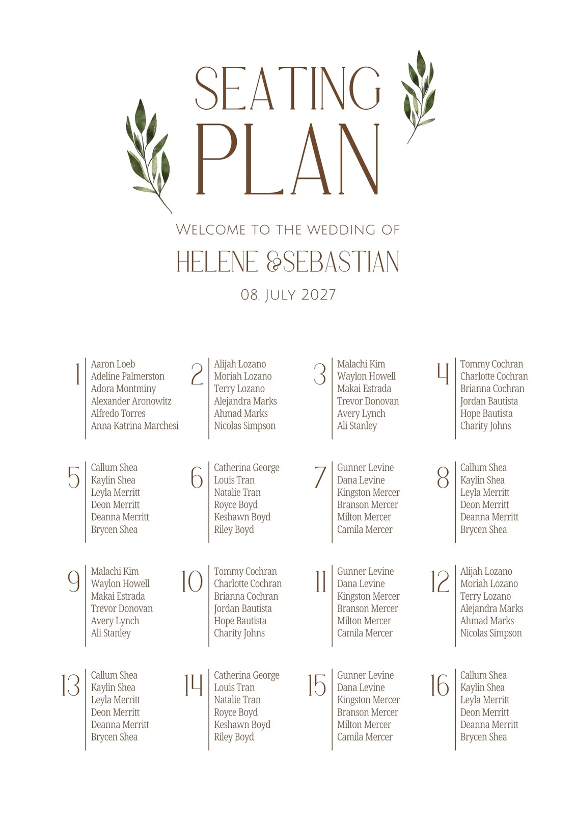 Fun Themed Printable Wedding Seating Chart