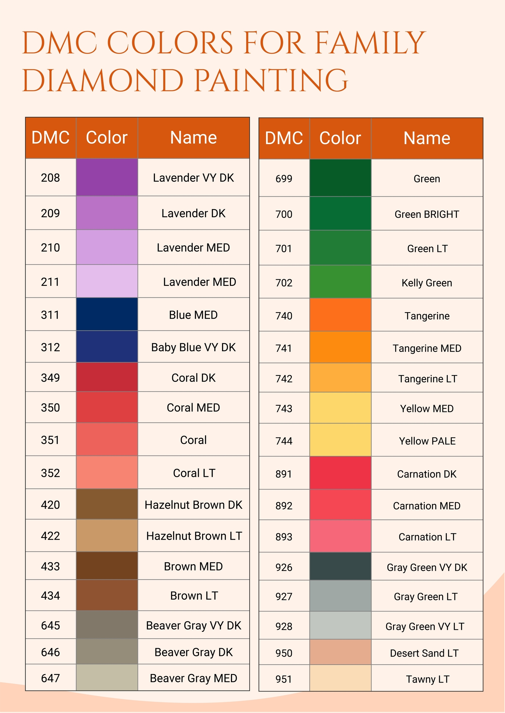 Diamond Painting Color Chart Printable