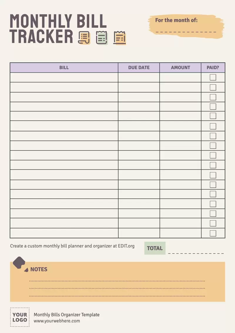 Printable Changable Charts For Monthly Bills