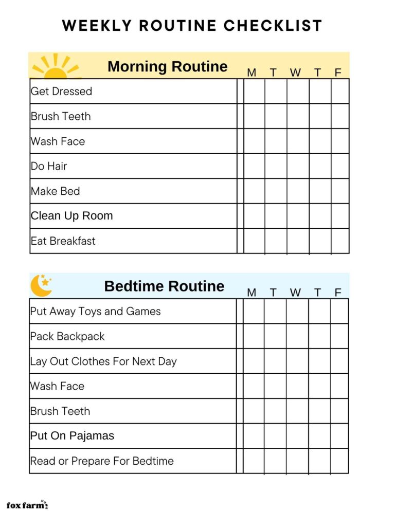Free Printable Daily Routine Chart For Kids Fox Farm Home