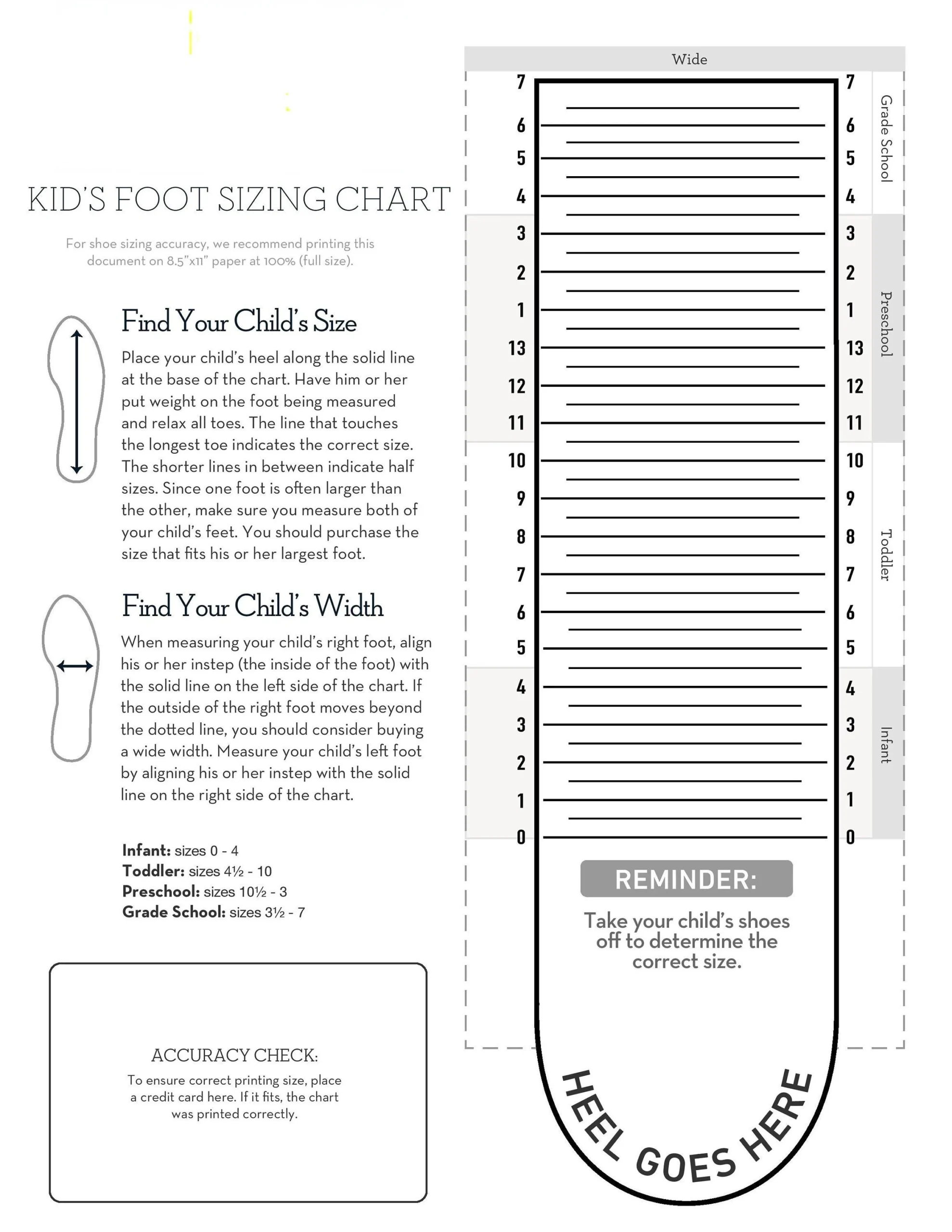 Printable Shoe Size Chart Kids