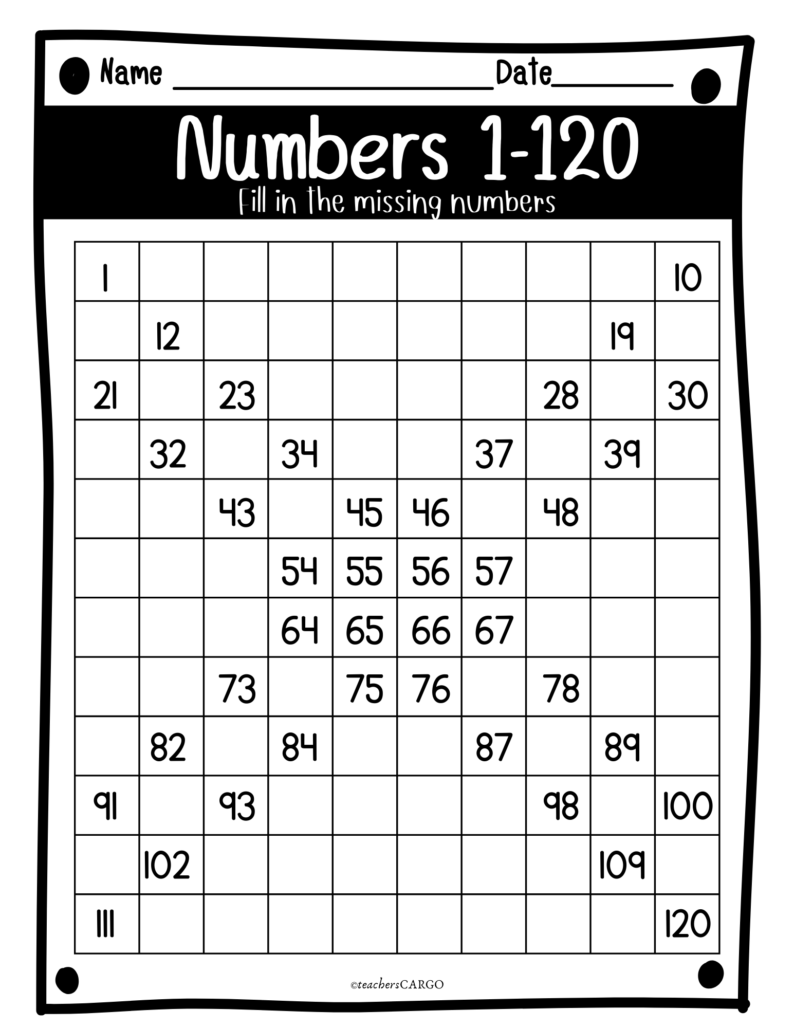 120 Chart Printable Missing Numbers