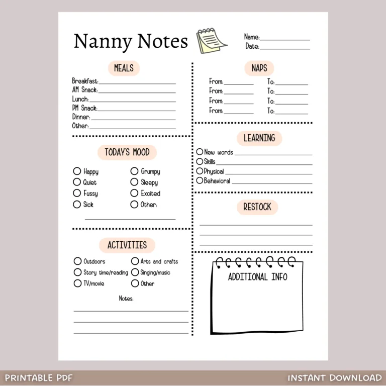 Nanny Notes Printable Babysitter Information Sheet Daily Nanny Log Scribbled LLC