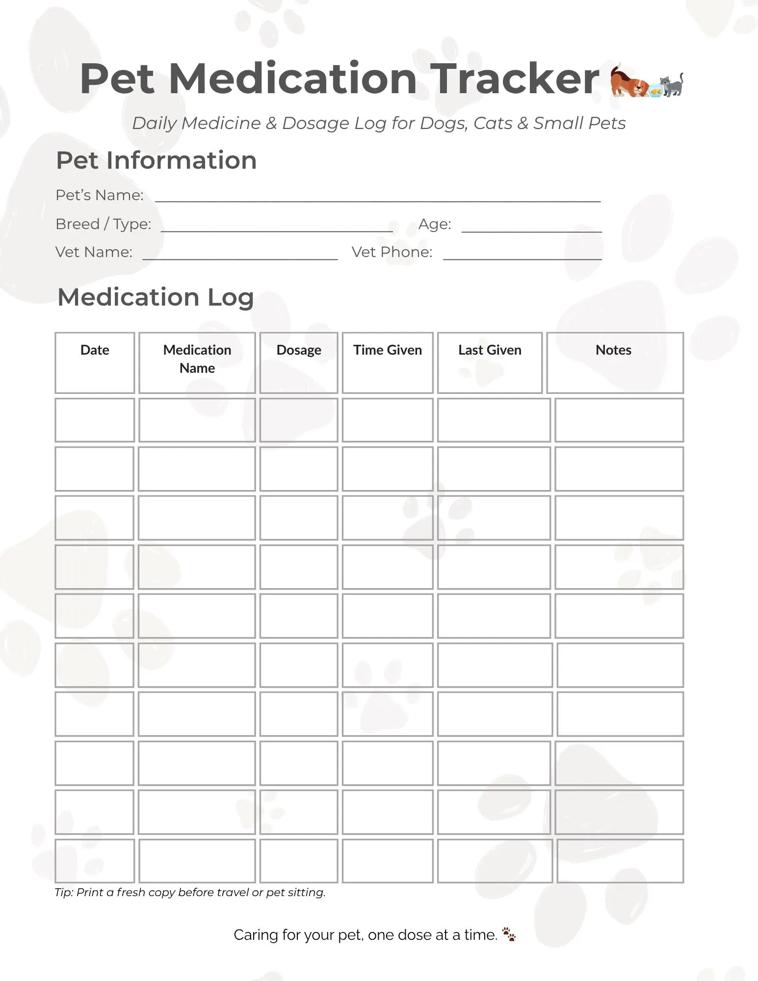 Medicine Chart Cute Printable For Pets