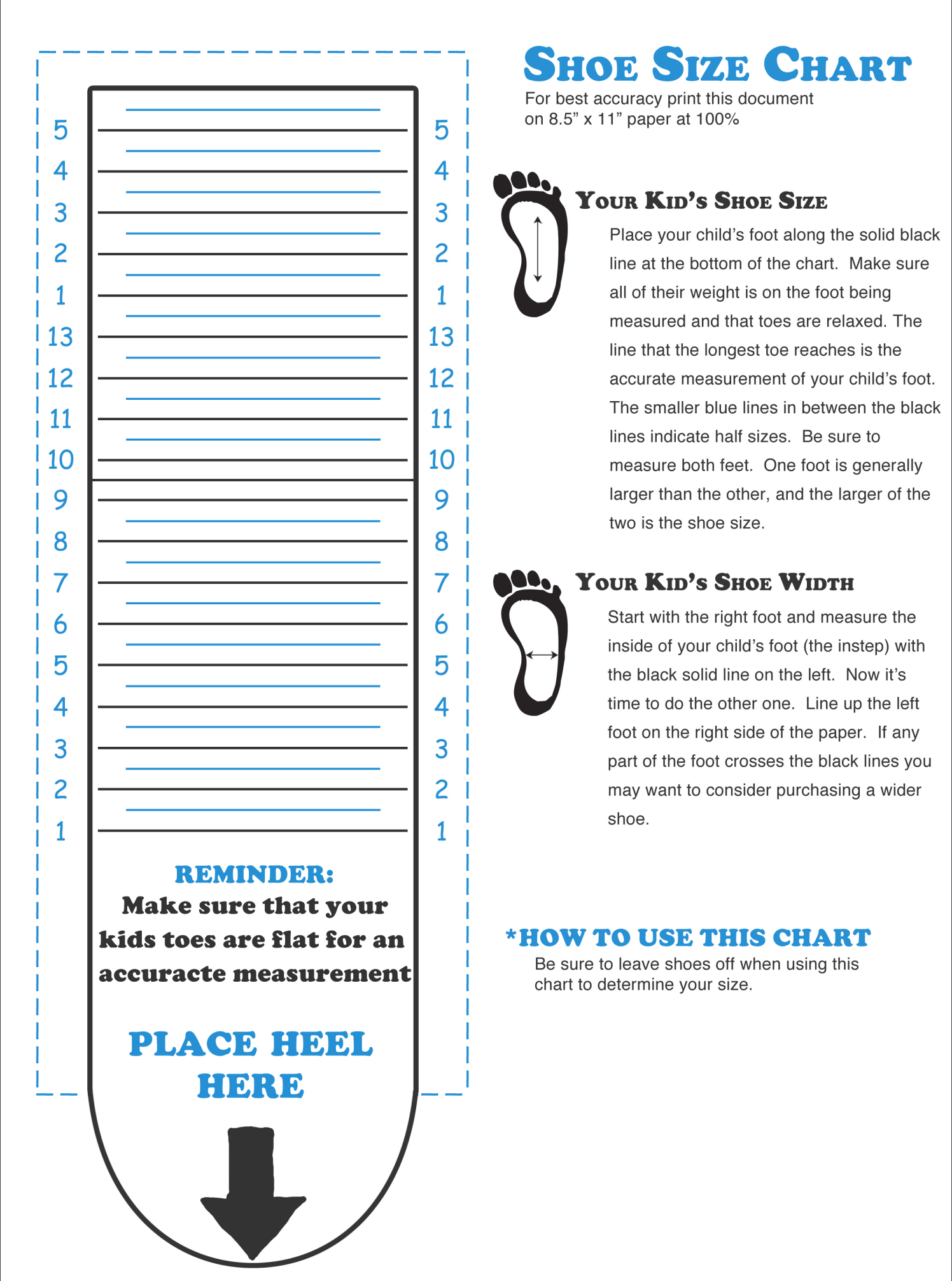 Youth Printable Shoe Size Chart