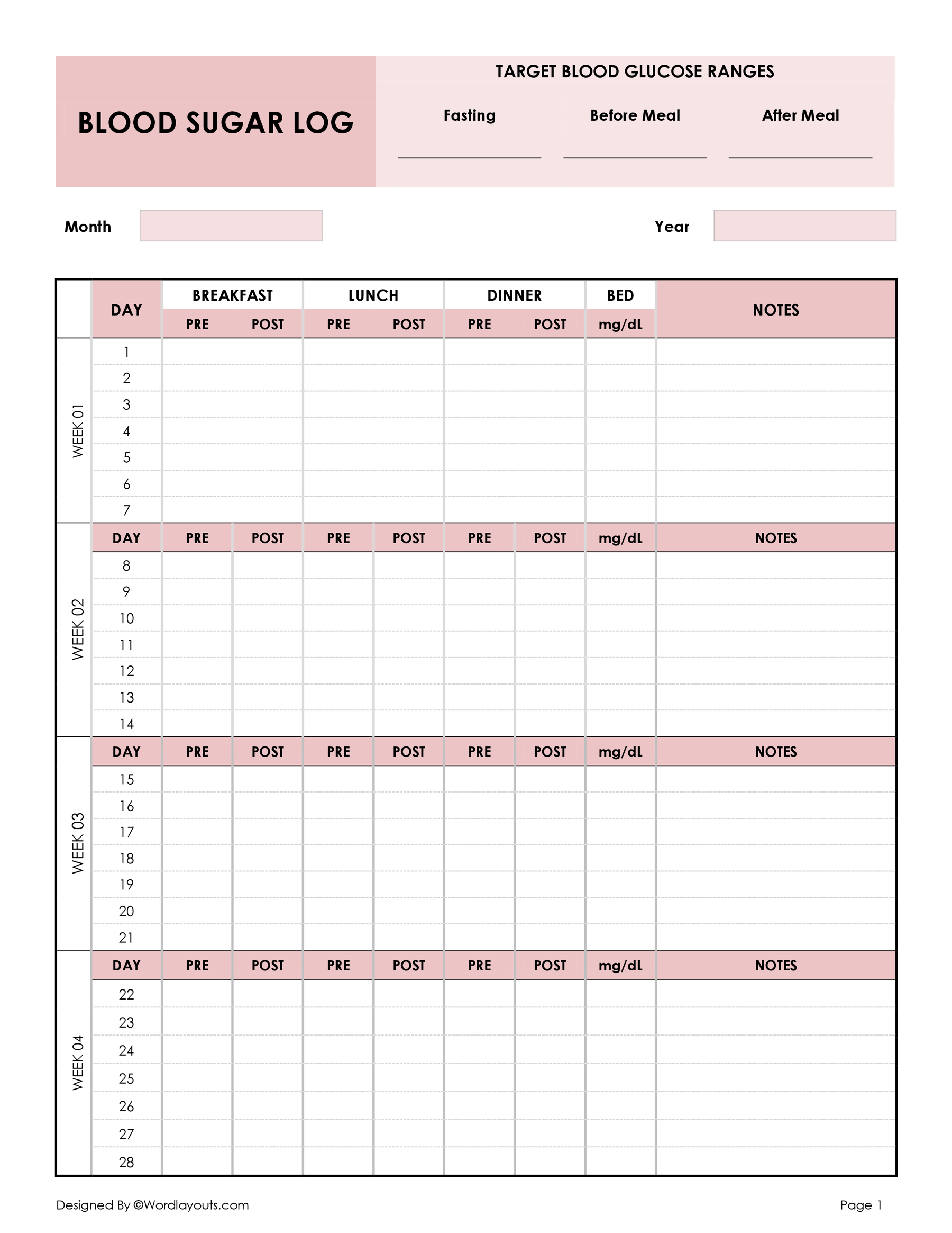 Printable Word Blank Glucose Chart Printable Word Blank Glucose Chart