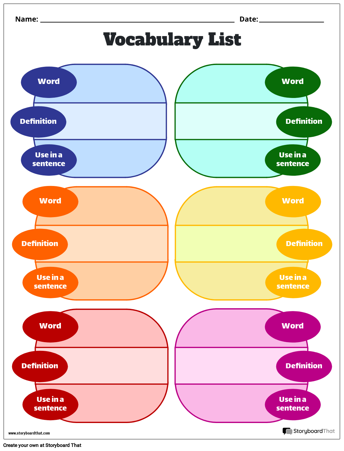 Vocabulary Chart Printable